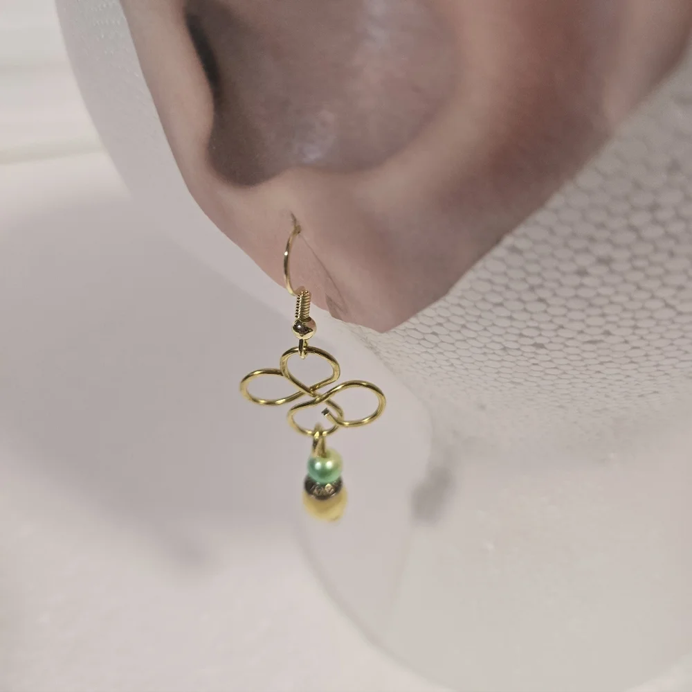 Hand Crafted Gold Clover Dangle Earrings with Pale Yellow and Mint/Yellow Beads - Picture 6 of 10